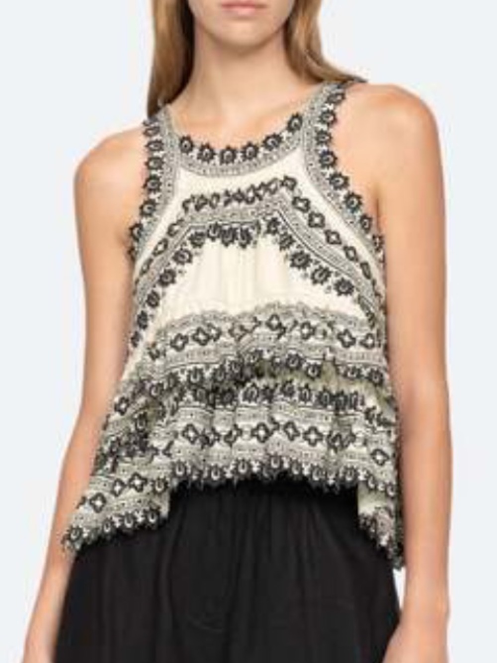 Sea New York Amina Embroidery Tank Top Black Cream Ruffle Peplum Cotton-Medium